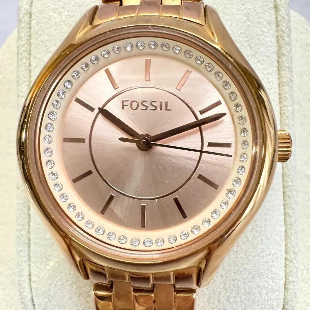 Fossil Women’s Gold Tone Quartz Watch Rose Gold Tone Dial Rhinestone Bracelet